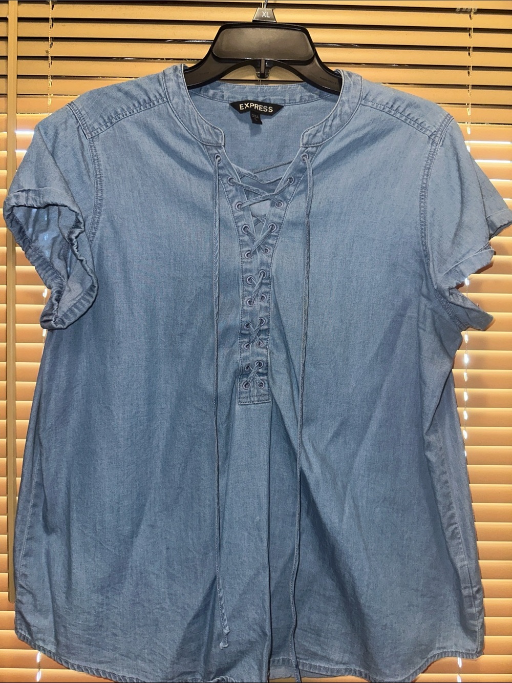 Express Light Blue Lace-Up Chambray Ruffle Sleeve Top